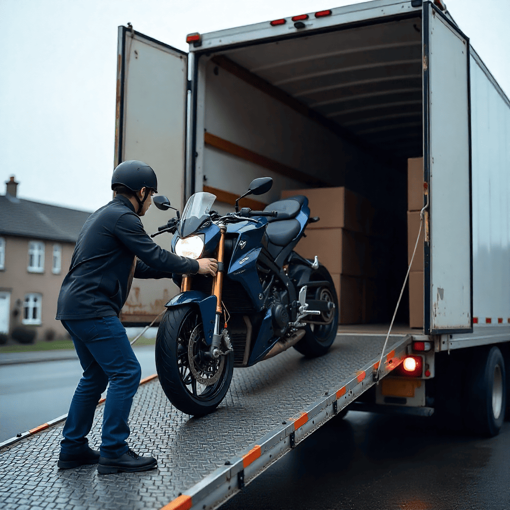 "Worker loading a motorcycle onto a transport truck using a ramp, representing a safe and reliable Bike transport service by professional packers and movers."