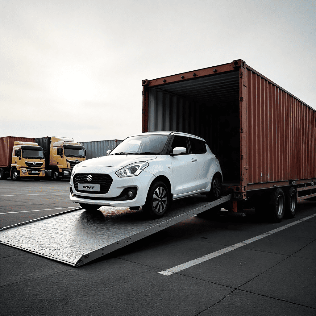"A white car being loaded onto a container truck ramp as part of a car transport service in a logistics yard."