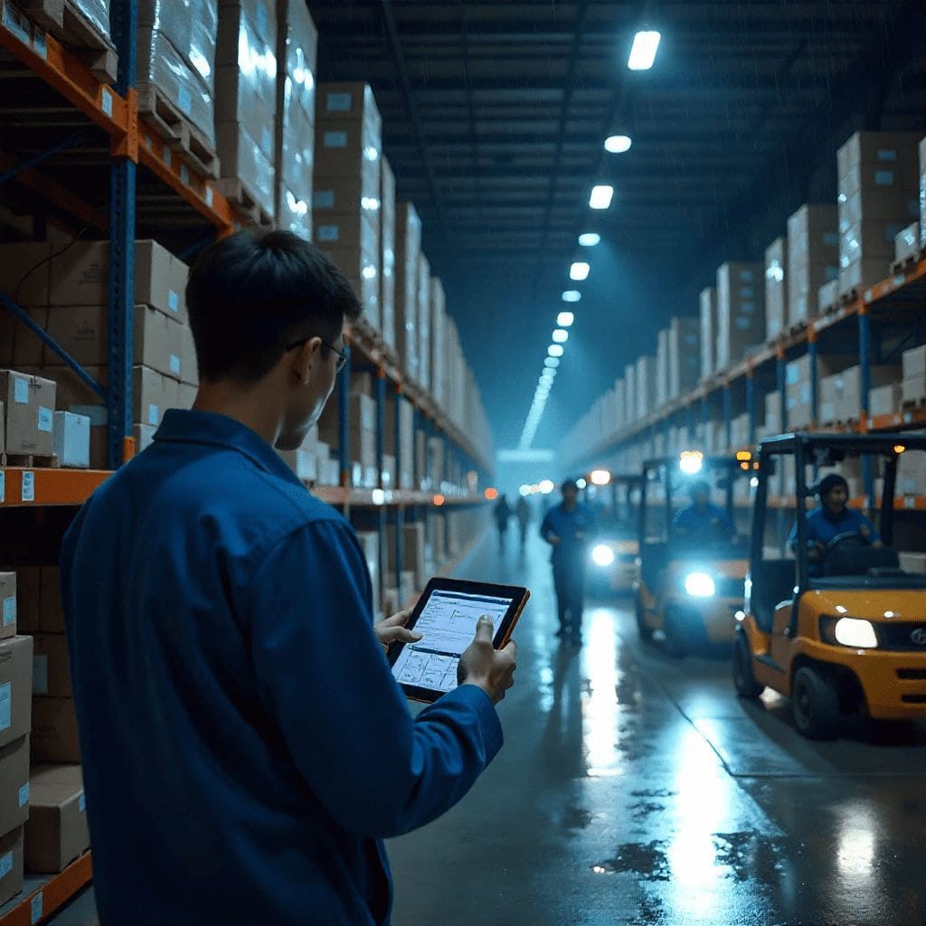 "Warehouse with digital inventory tracking, barcode scanning, workers managing goods, and forklifts transporting packages – tech-driven warehousing services."